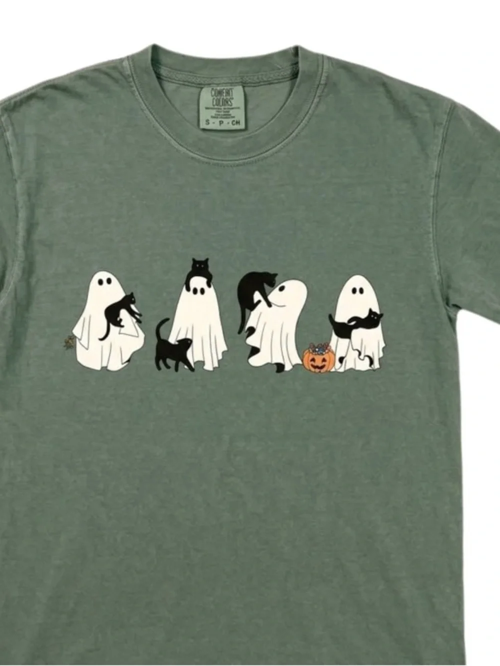 Comfort color moss Ghosts & Black Cats Halloween Graphic Tee